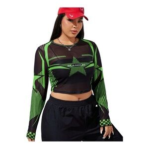 Glamour Graphic Black and Green Long Sleeve Tee, P:24”, L:19”, NWT